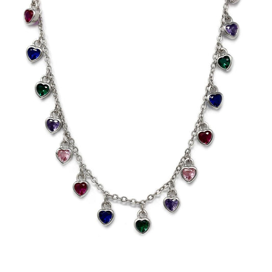 Girocollo con Cuori in Argento 925 e Zirconi Vari Colori cm 42+3