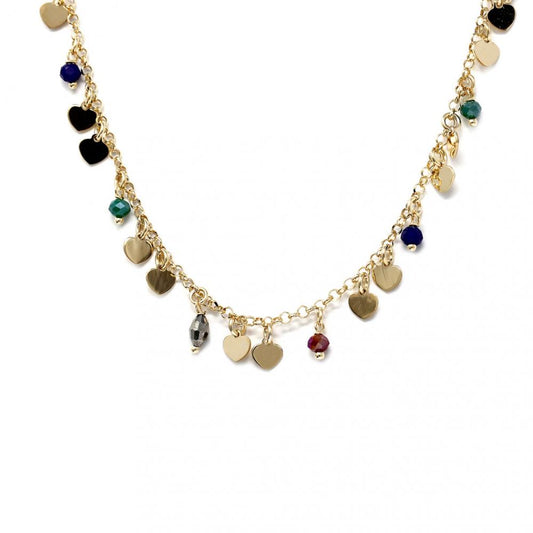Girocollo in Argento 925 Giallo con Pietre Dure e Cuori cm 47+4