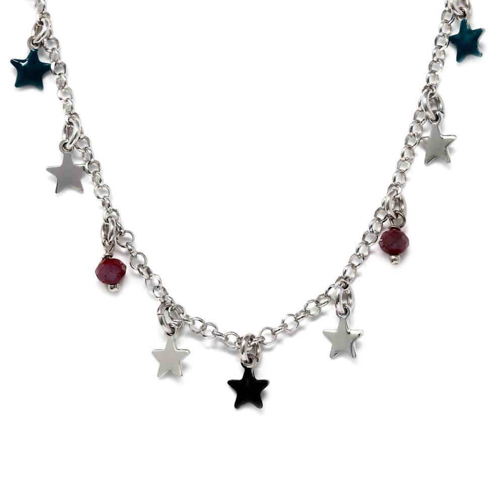 Girocollo in Argento con Stelline Smaltate e Pietre Vari Colori cm 39+4