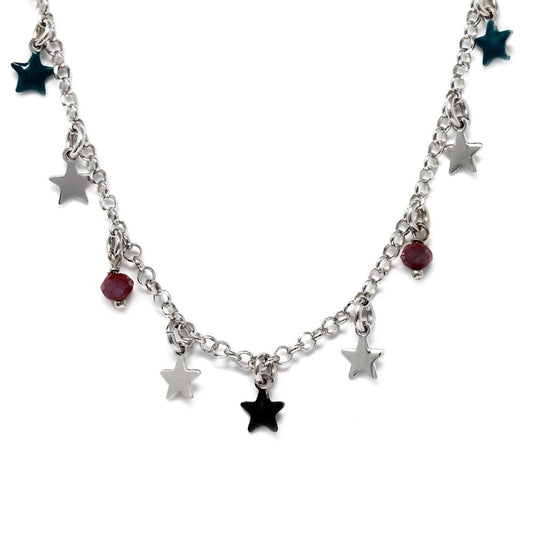 Girocollo in Argento con Stelline Smaltate e Pietre Vari Colori cm 39+4