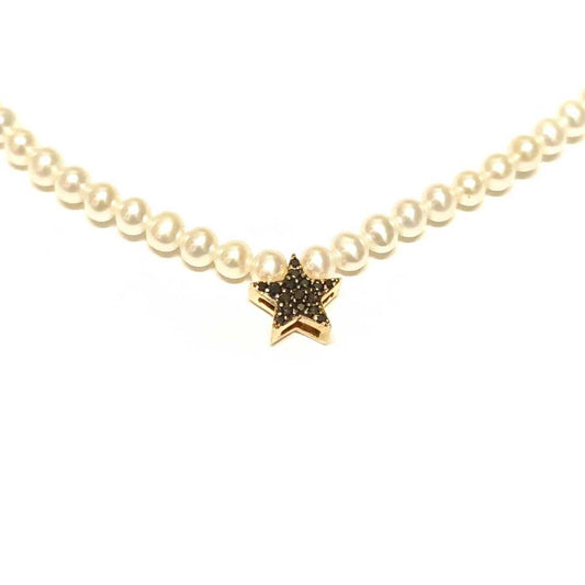 Girocollo di Perla con Stella in Oro Rosa con Diamanti Neri