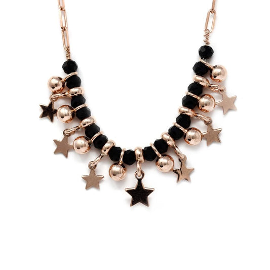 Girocollo Stelle e sfere con Pietre Nere in Argento 925 Rosato cm 39+5