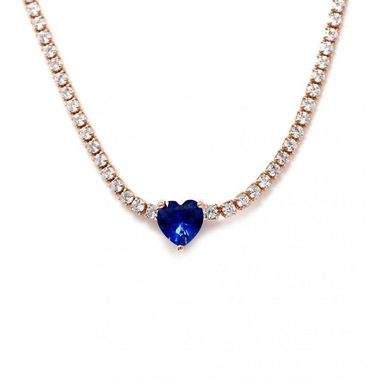 Girocollo Tennis in Argento Rosato con Zirconi da 2 mm e cuore Blu cm 35+5