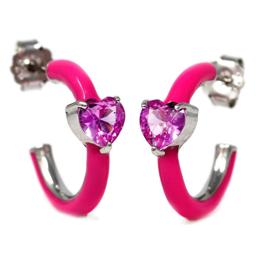 Orecchini a Cerchio in Argento 925 Smaltati Fucsia e Cuore Centrale Diametro cm 2