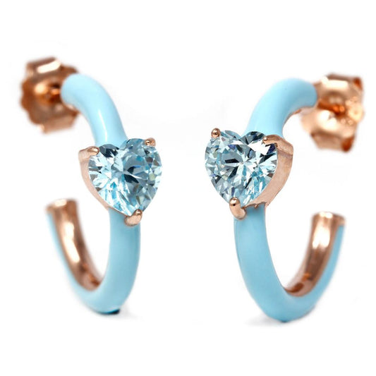 Monorecchino a Cerchio in Argento Rosato 925 con Smalto Azzurro e Cuore Centrale Diametro cm 2
