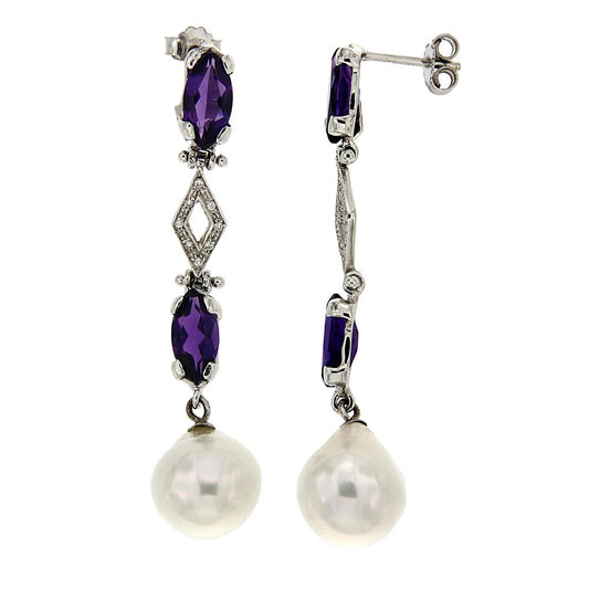 Orecchini con Perle 11.5/12 mm Diamanti CT 0.07 e Ametista