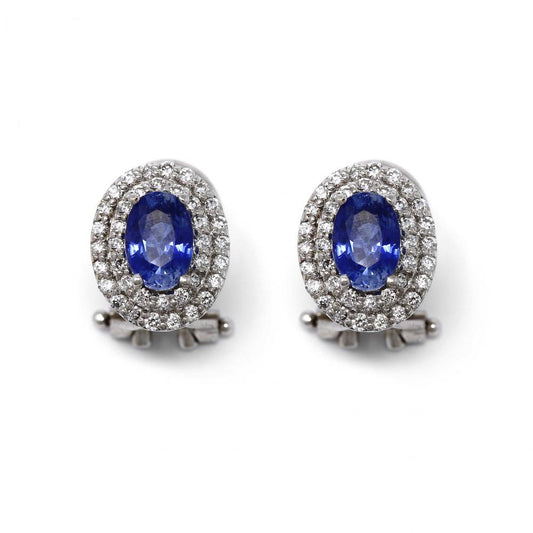 Orecchini con Zaffiri Ovali CT 1.33 e Doppia Giro di diamanti bianchi CT 0.40