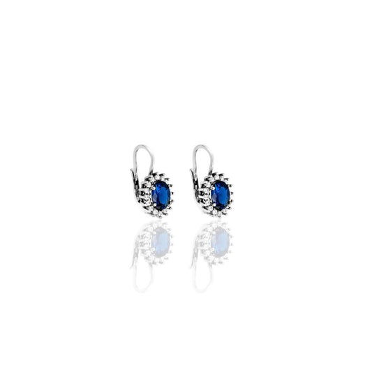 Orecchini monachella in argento con cestello di zirconi e pietra blu