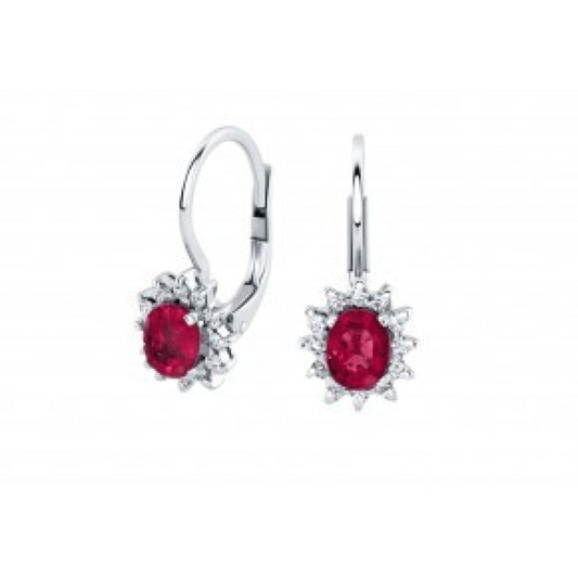 Orecchini monachella in argento con cestello di zirconi e pietra rossa