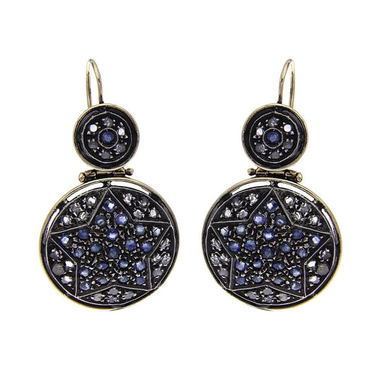 Orecchini Stile Antico in Oro 12kt con 52 Diamanti CT 1.08 e 52 Zaffiri CT 2.08