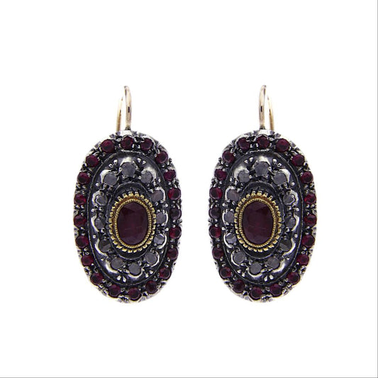 Orecchini Stile Antico Oro 9kt con 24 Diamanti CT 0.40 e 42 Rubini CT 4.10