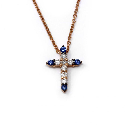Pendente croce con Diamanti Bianchi CT 0.15 e Zaffiri CT 0.11