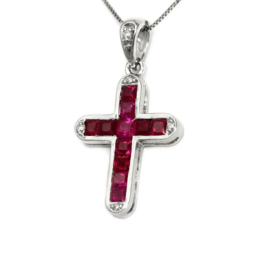 Pendente Croce con Diamanti CT 0.03 e Rubini CT 0.66