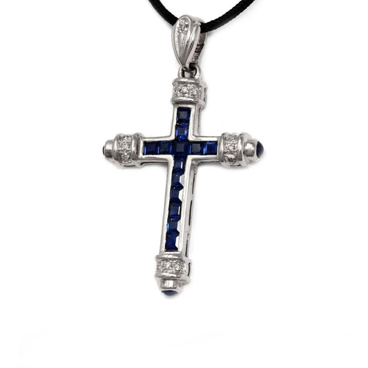 Pendente Croce con Diamanti  CT 0.07 e Zaffiri  CT 0.98