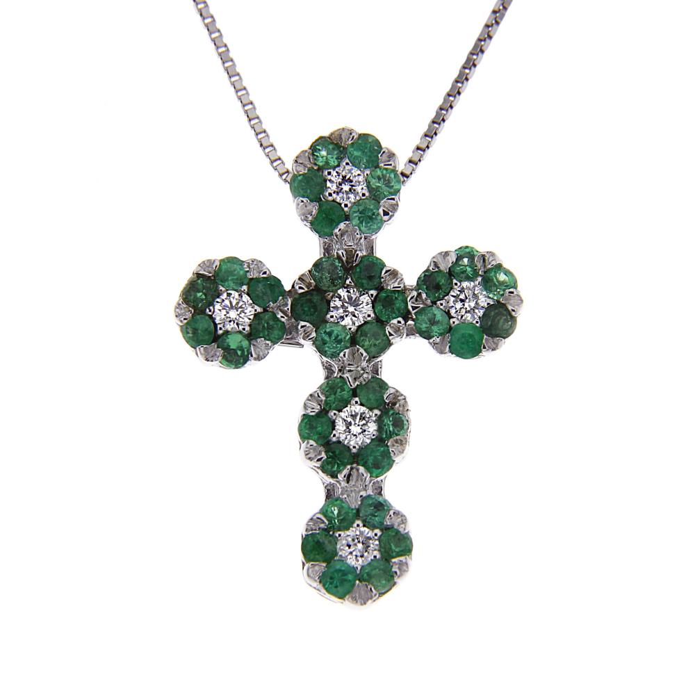 Pendente Croce con Diamanti  CT 0.12 e Smeraldi  CT 0.40