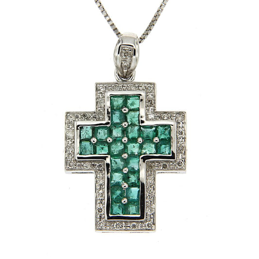 Pendente Croce con Diamanti  CT 0.17 e Smeraldi  CT 0.83