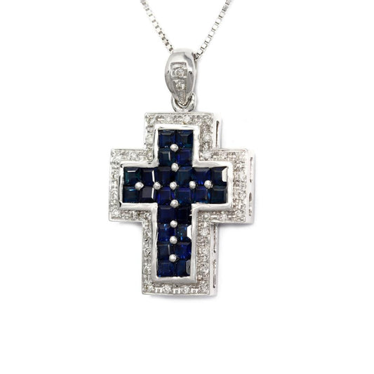 Pendente Croce con Diamanti  CT 0.17 e Zaffiri  CT 0.83