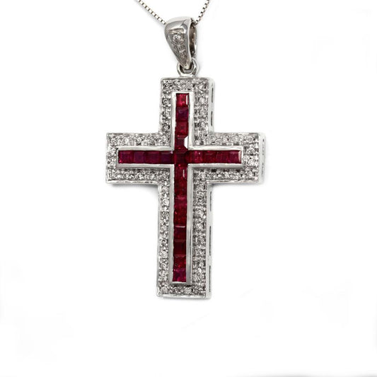 Pendente Croce con Diamanti  CT 0.30 e Rubini  CT 1.33