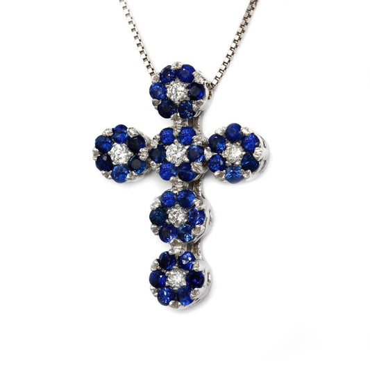 Pendente Croce con Diamanti CT 0.12 e Zaffiri CT 0.38