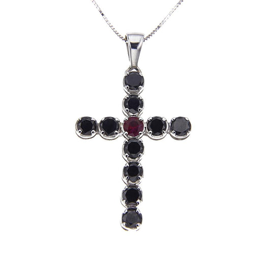 Pendente Croce con Rubino CT 0.22 e 10 Diamanti Black CT 1.80
