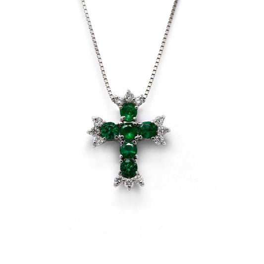 Pendente croce con Smeraldi rotondi CT 0.45 e Diamanti CT 0.18