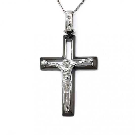 Pendente Croce Cristo in Oro Bianco con Diamanti