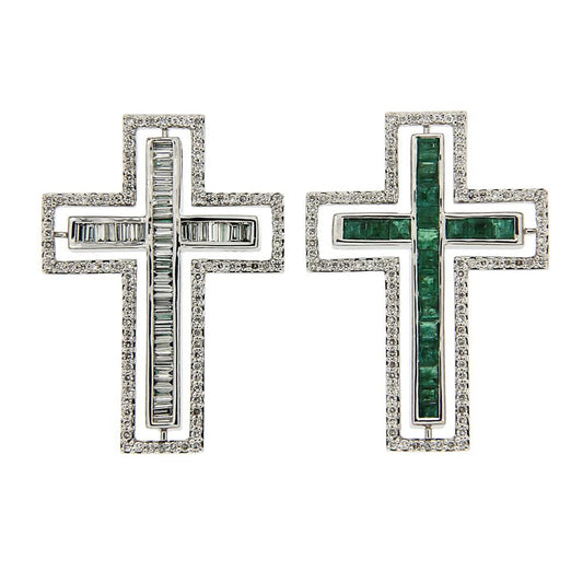 Pendente Croce Girevole con Diamanti CT 0.87 e Smeraldi  CT 0.80