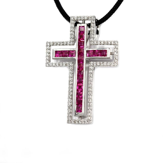 Pendente Croce Girevole con Diamanti CT 1.29 e Rubini CT 0.77
