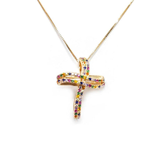 Pendente croce stilizzata in argento rosato con zirconi colorati
