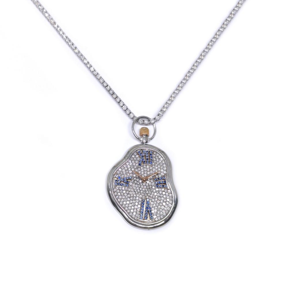 Pendente Orologio con Zaffiri CT 0.58e Diamanti CT 2.48 Collezione Dali