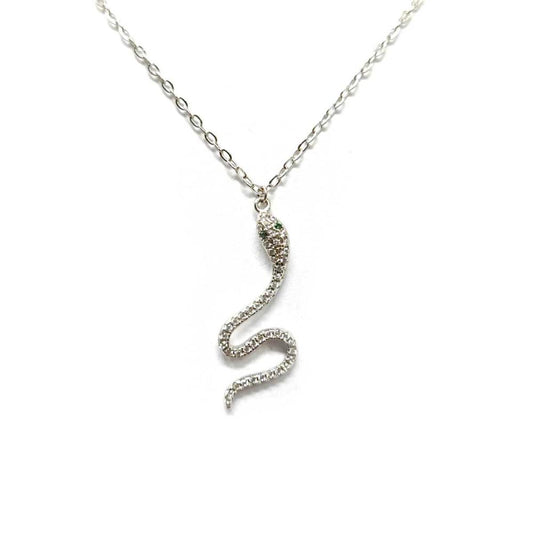 Pendente serpente in argento con zirconi bianchi e occhi verdi