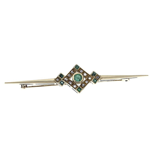 Spilla in Oro 14kt con 12 Diamanti CT 0.20 e 7 Smeraldi CT 0.70